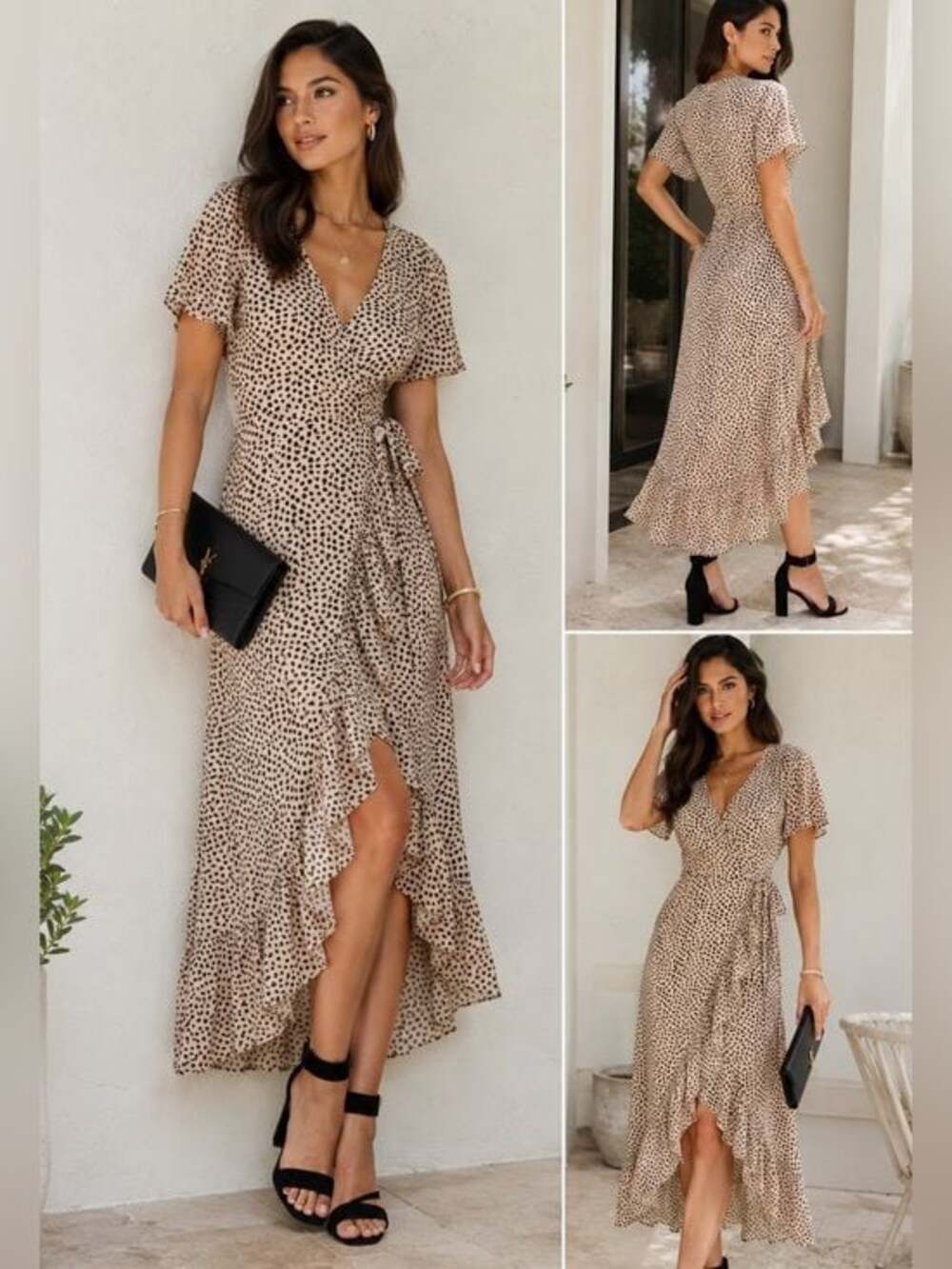 Cotton Candy LA Beige & Black Animal Print Wrap Midi Dress – Medium